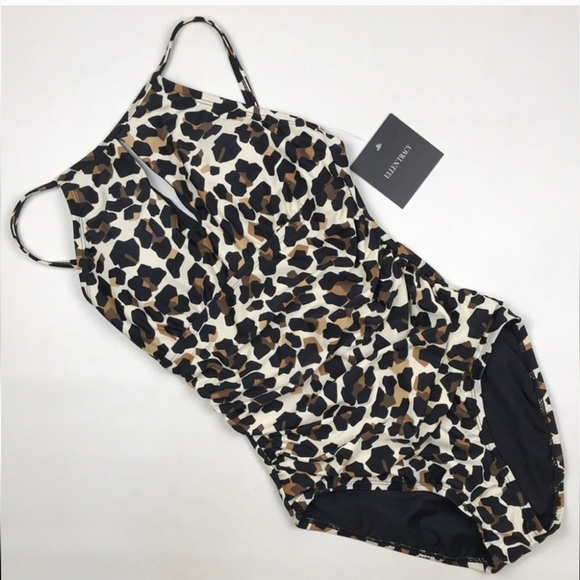 Ellen Tracy Women High Neck Over the Shoulder One Piece animal print swimsuit 6 - Picture 1 of 13